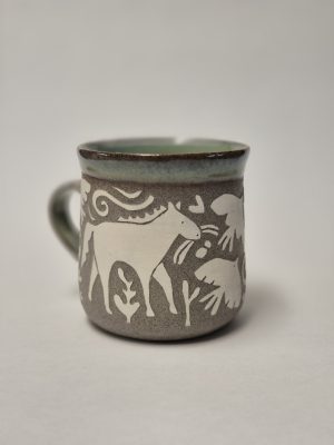 Ceramic sgraffito mug with horses